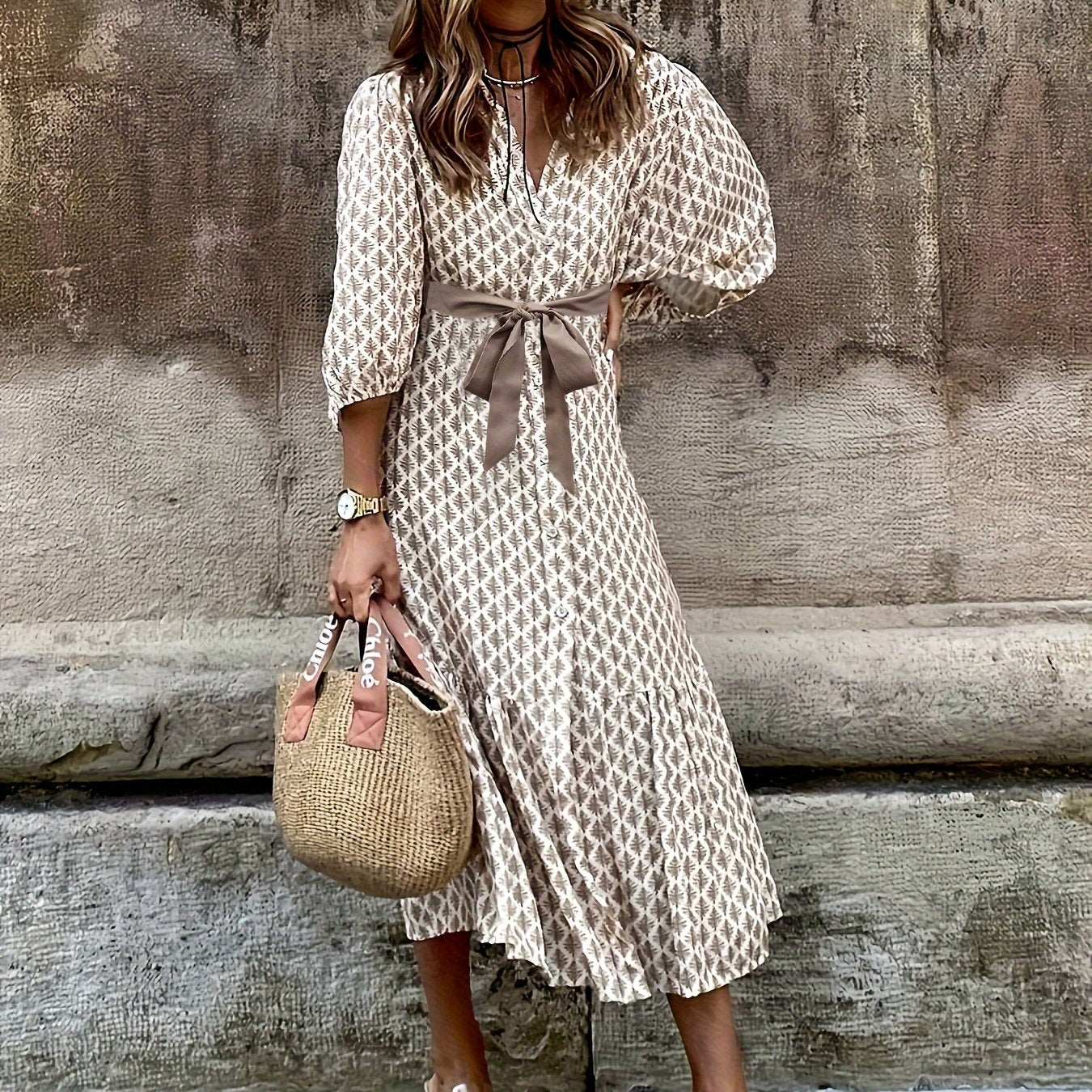 Aurevella™ | Pleated Maxi Dress with Stand Collar & Waist Tie