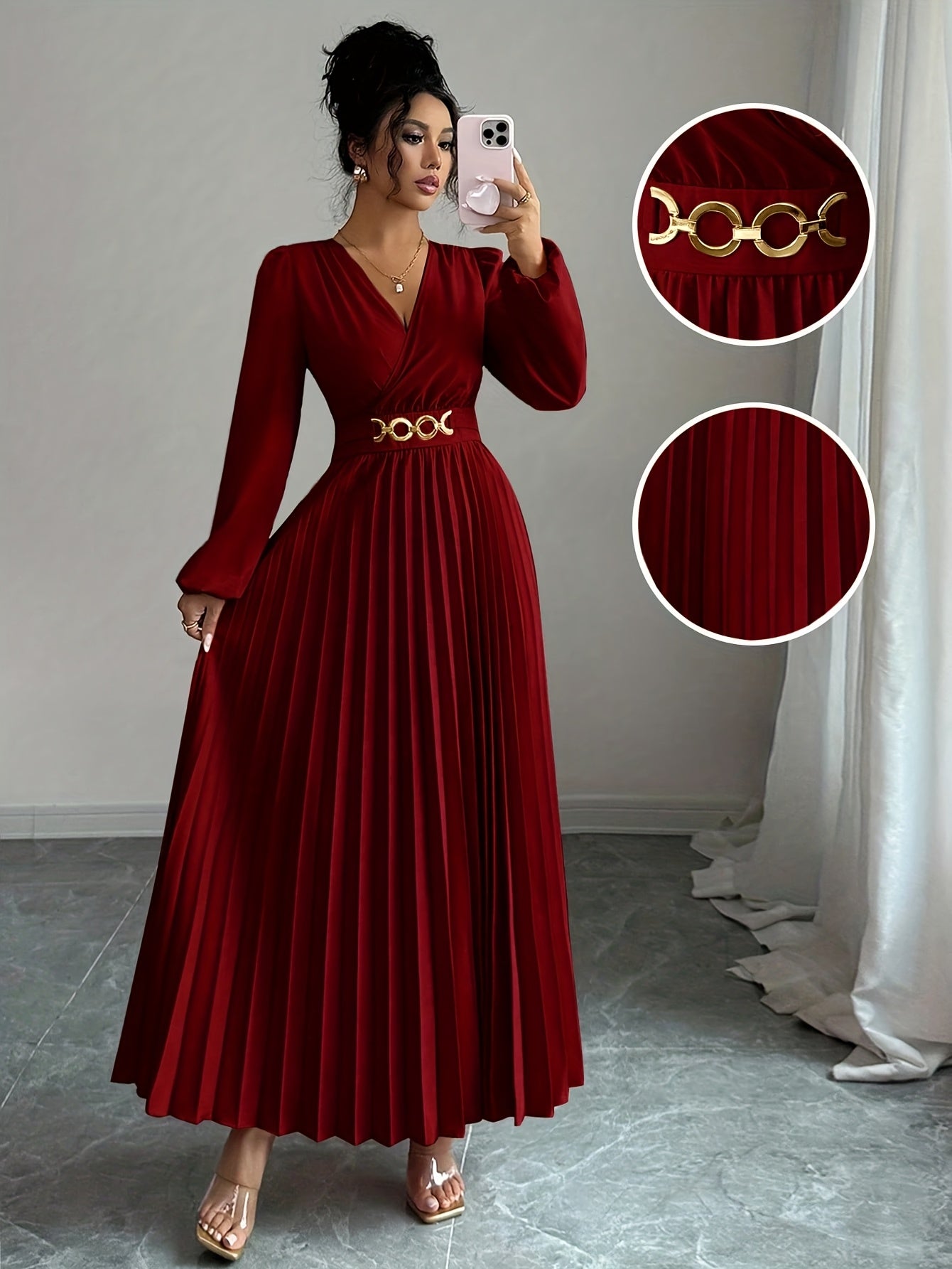Vellamira™ | Metallic V-Neck Puff-Sleeve Evening Gown