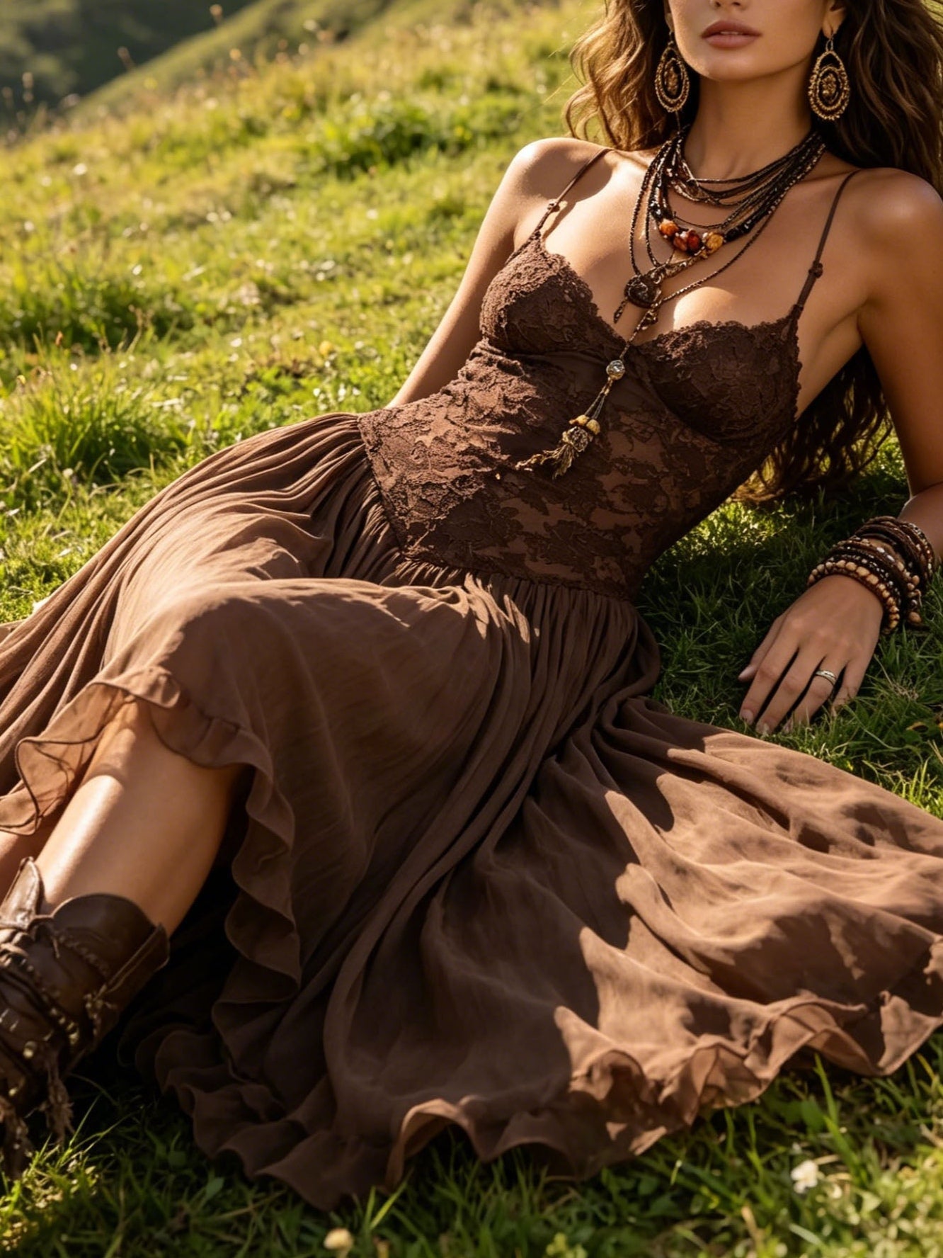 Vynexa | Dark Brown Lace-Paneled Chiffon Maxi Dress