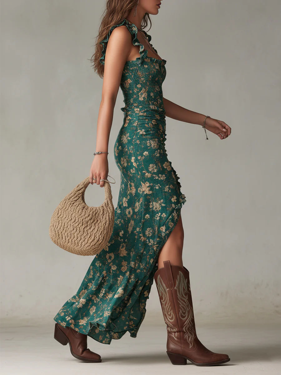 Bohemian print maxi dress with ruffled sleeves