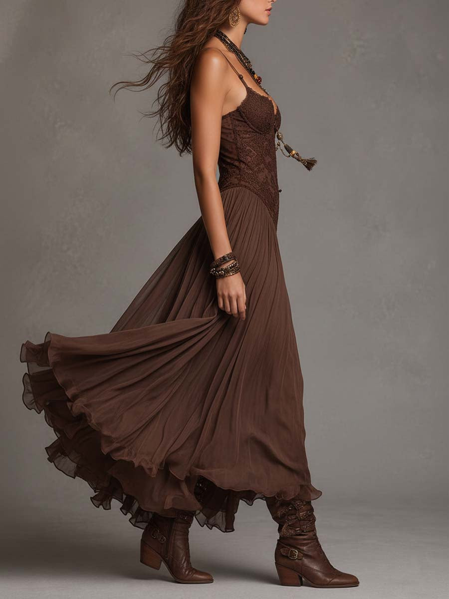 Vynexa | Dark Brown Lace-Paneled Chiffon Maxi Dress