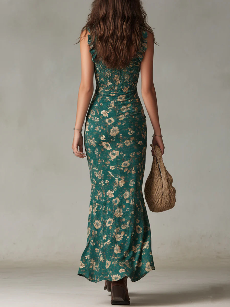 Bohemian print maxi dress with ruffled sleeves