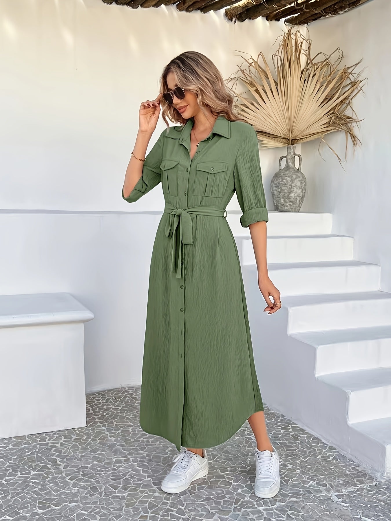 Aveline™ | Belted Button-Front A-Line Shirt Dress