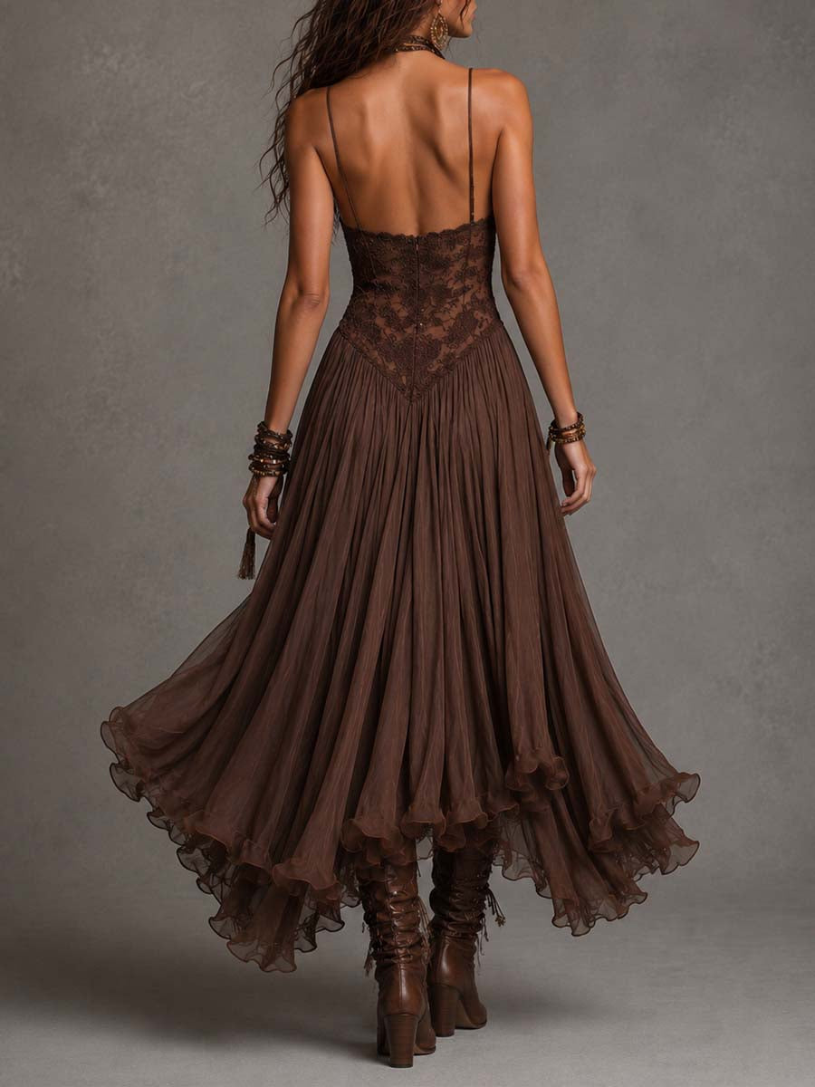 Vynexa | Dark Brown Lace-Paneled Chiffon Maxi Dress