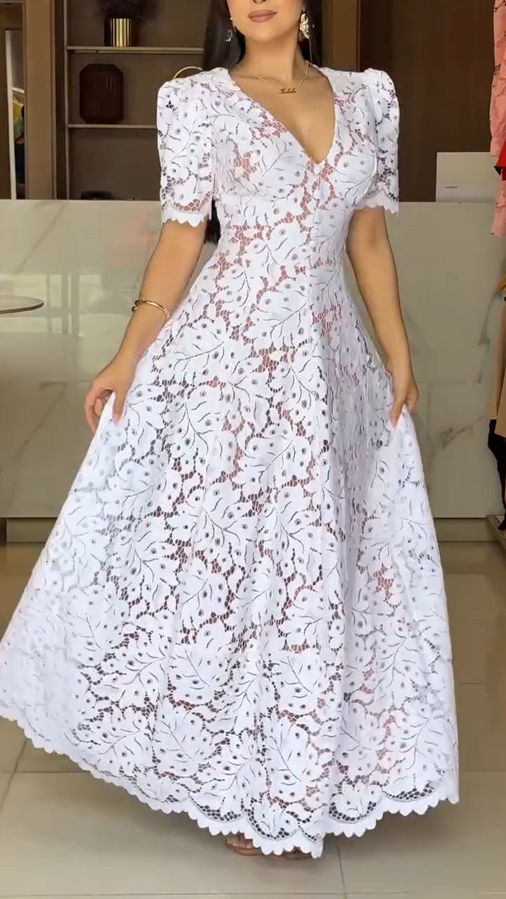 Solénna™ | Elegant V-Neck Hollow Print Dress