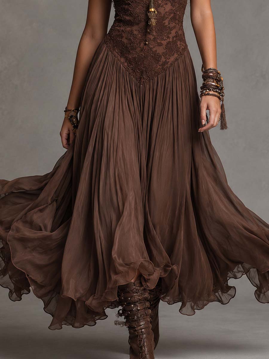 Vynexa | Dark Brown Lace-Paneled Chiffon Maxi Dress