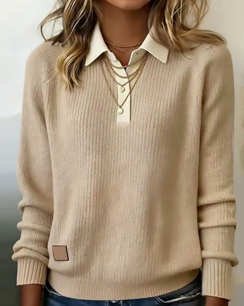 Elowen™ | Patchwork Knit Sweater with Lapel Collar
