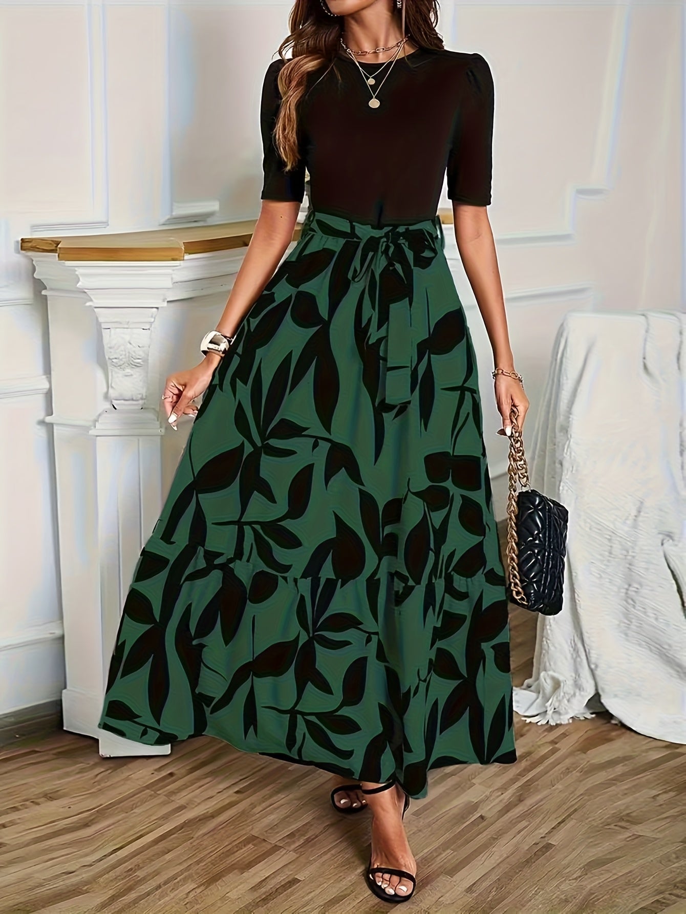 GeoBelle™ | Puff-Sleeve A-Line Geometric Midi Dress