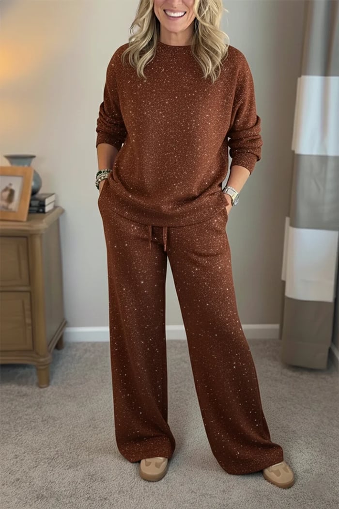 Viviana™ | Shimmer Round-Neck Solid-Color Casual Set
