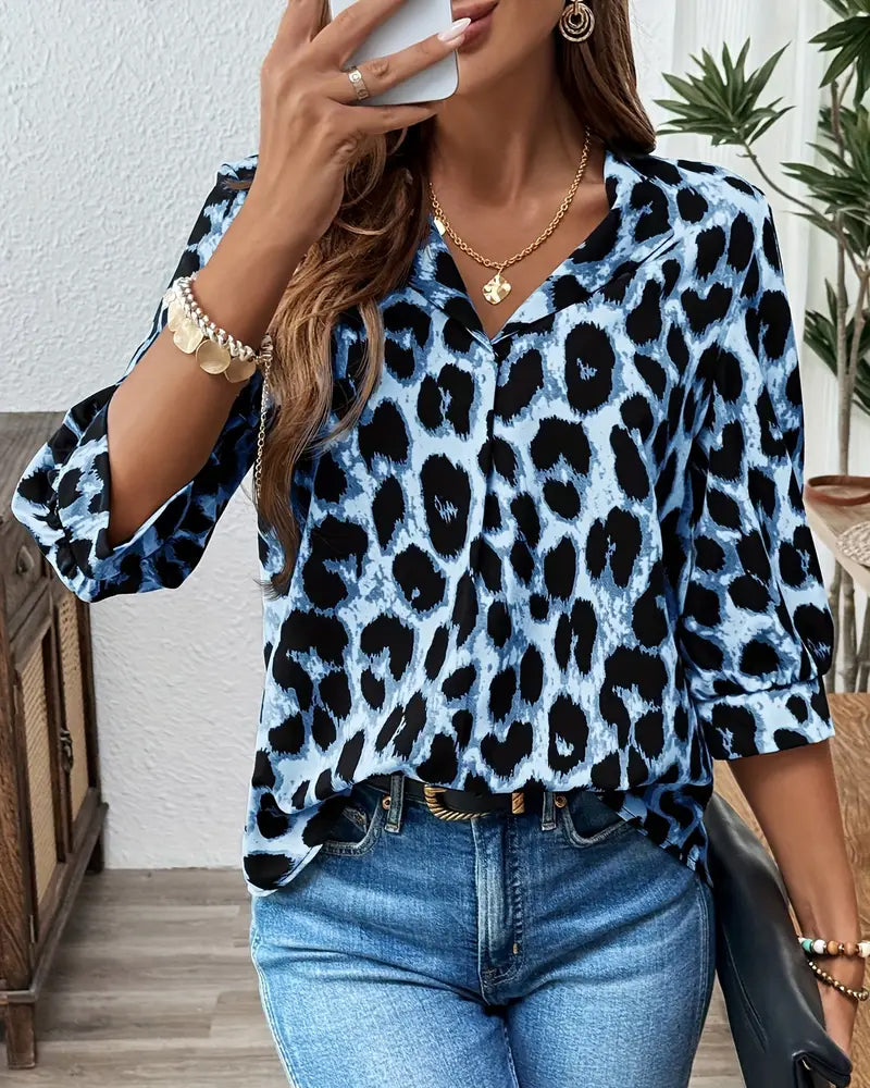 Zelvora™ | Relaxed Leopard Half-Sleeve Blouse