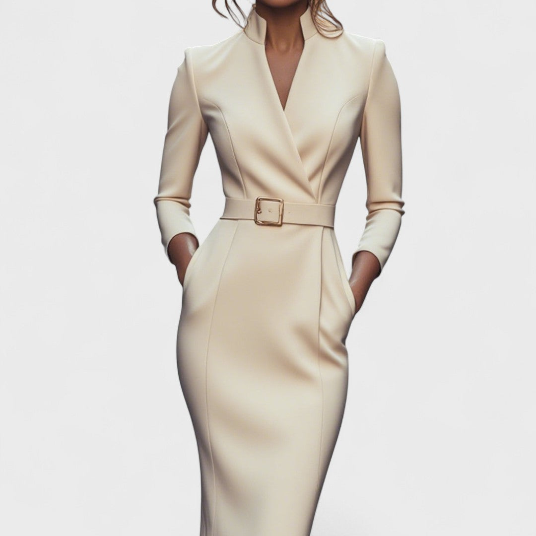 Mandarin™ | Elegant Black Dress with Belt and Mandarin Collar