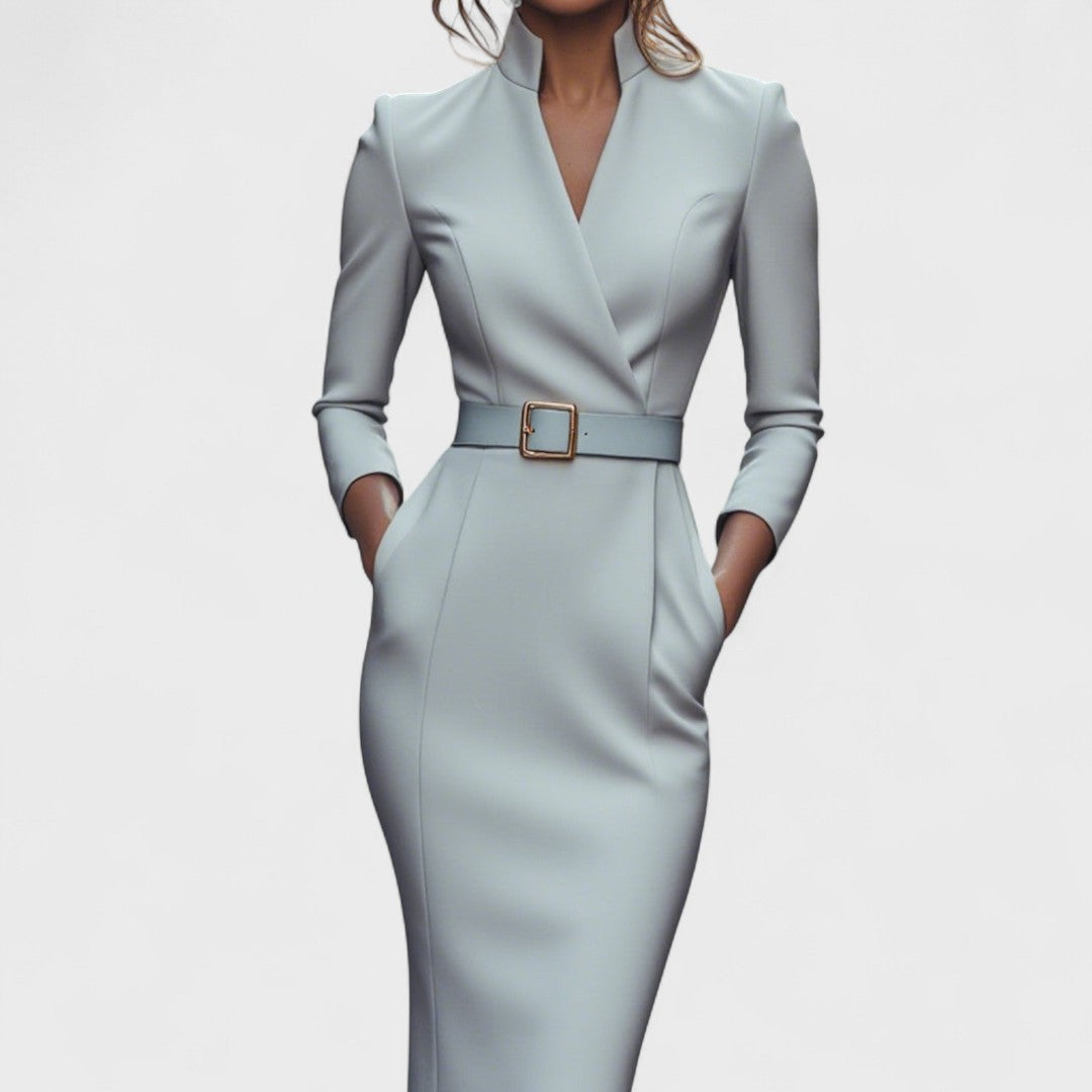 Mandarin™ | Elegant Black Dress with Belt and Mandarin Collar
