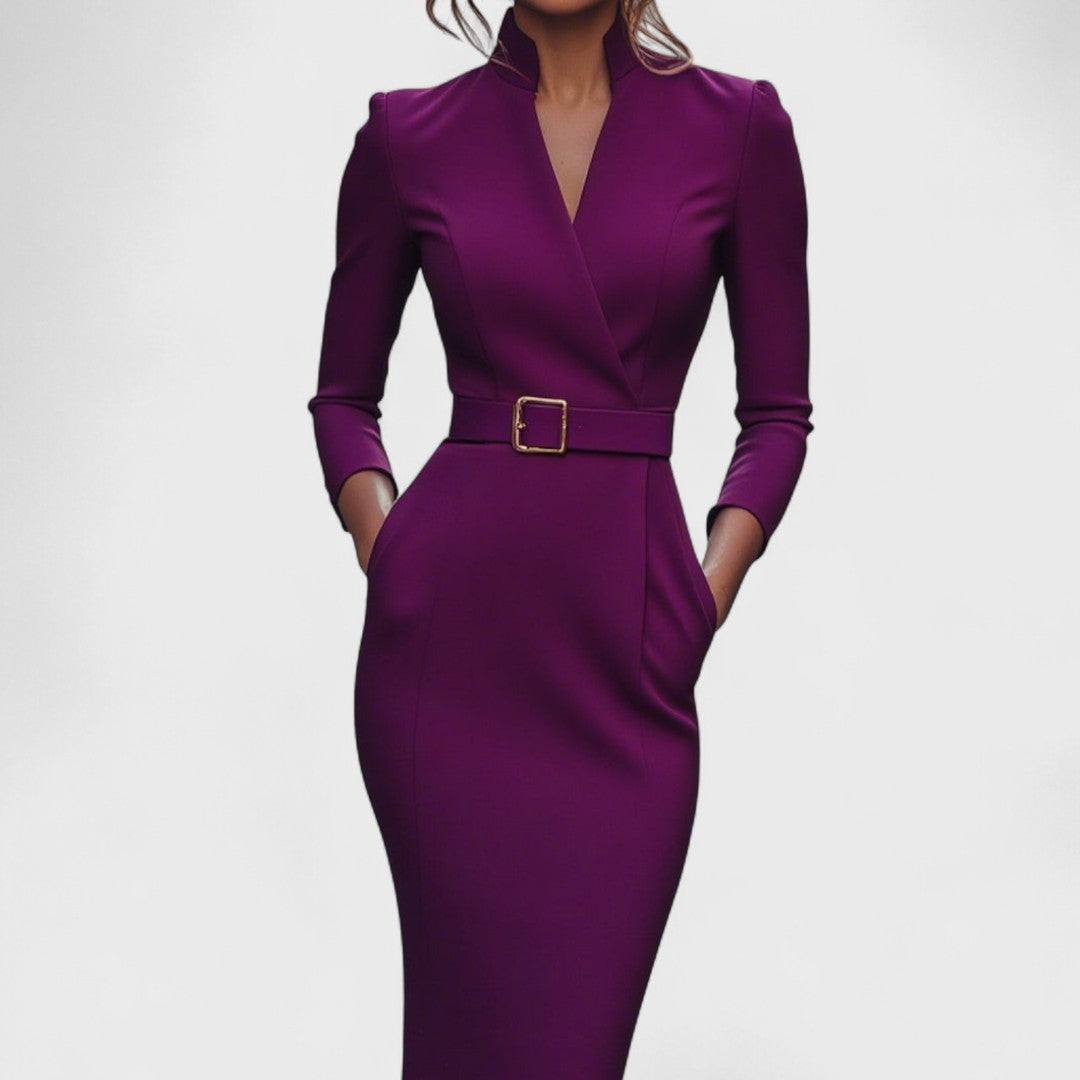 Mandarin™ | Elegant Black Dress with Belt and Mandarin Collar
