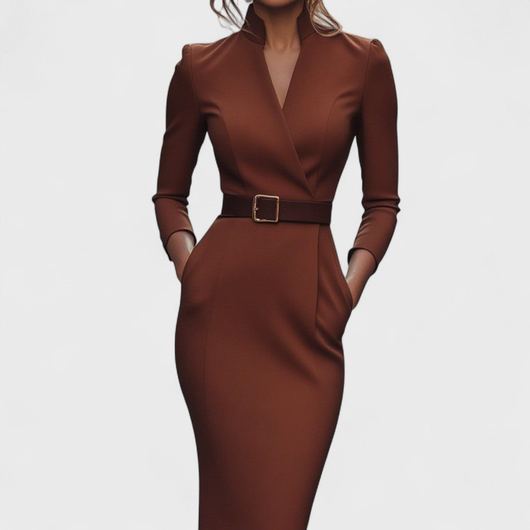 Mandarin™ | Elegant Black Dress with Belt and Mandarin Collar