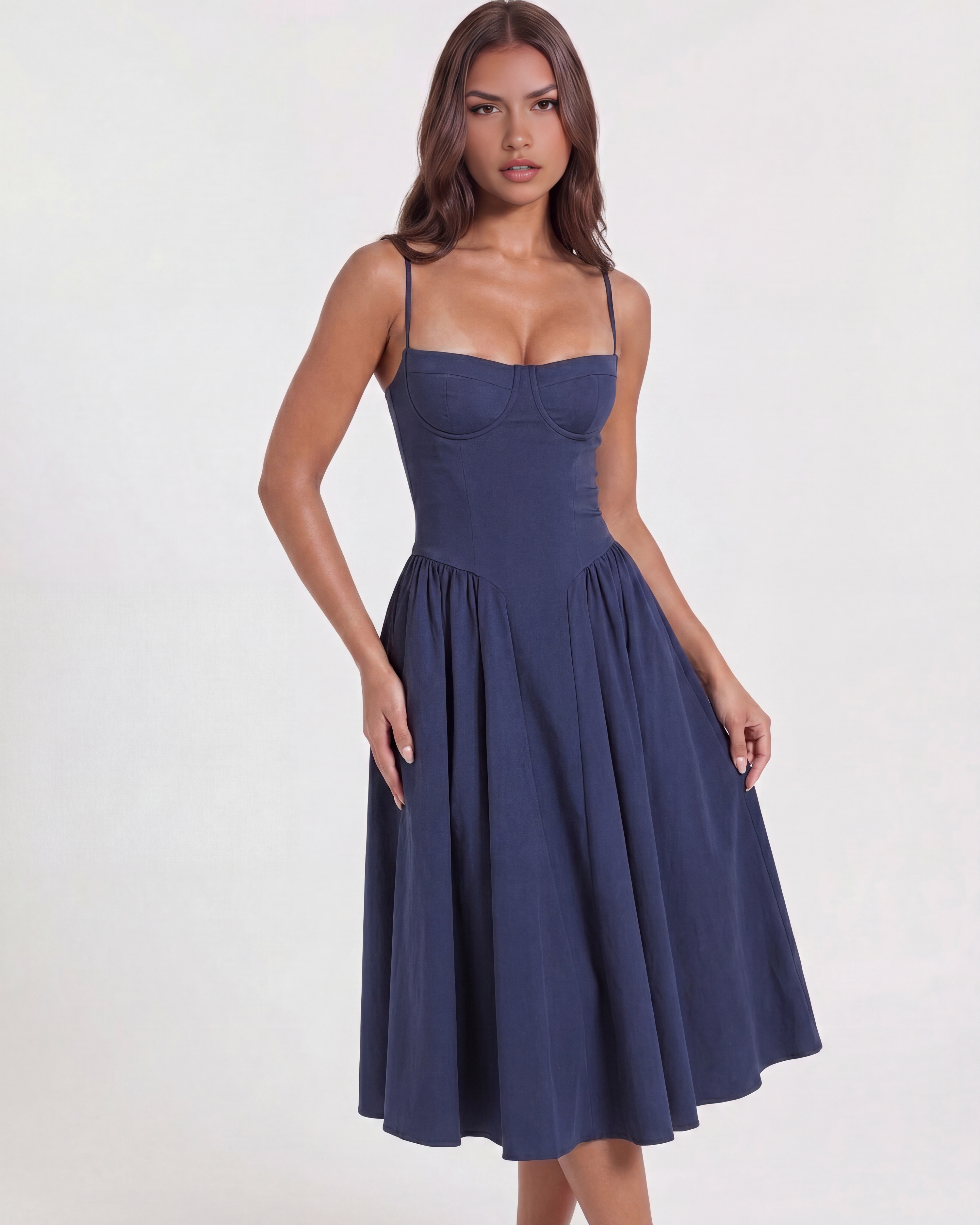 Francesca Navy Blue Midi Dress with Sweetheart Neckline and Hidden Pockets