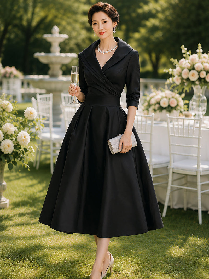 Vintage-Inspired Satin Midi Dress With Draped Collar details