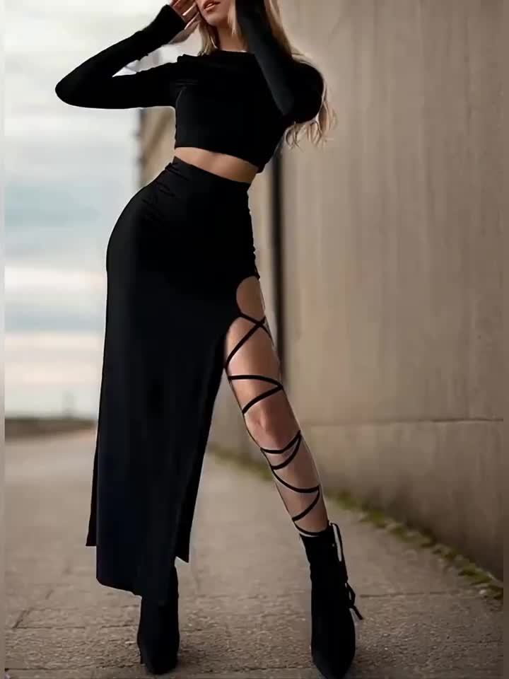 Women Sexy 2pcs Set - Long Sleeve Crop Top and One Side Split Lace Up Long Skirt