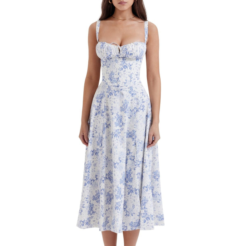 Marvessa™ | Floral Bustier Waist-Sculpt Midi Dress