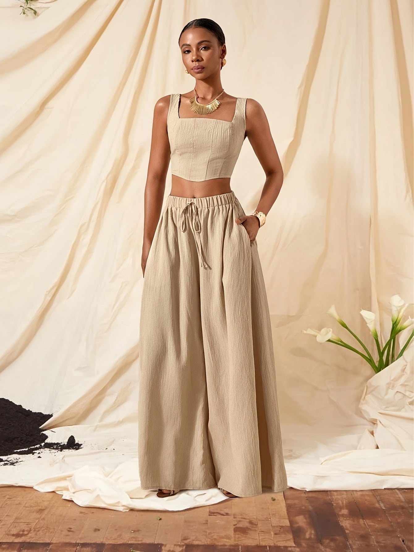 Casual Fishbone Cami Top And Wide-Leg Pants with Pockets 2pcs Set