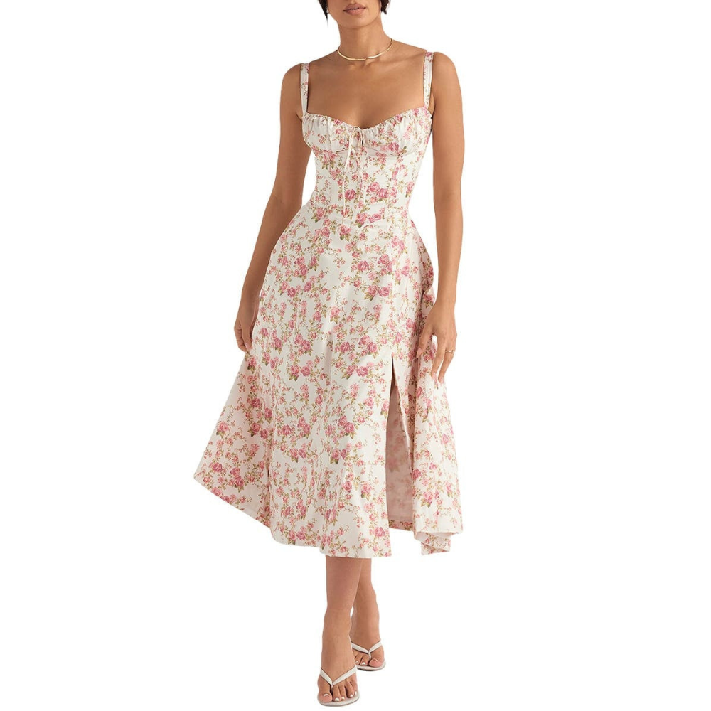 Marvessa™ | Floral Bustier Waist-Sculpt Midi Dress
