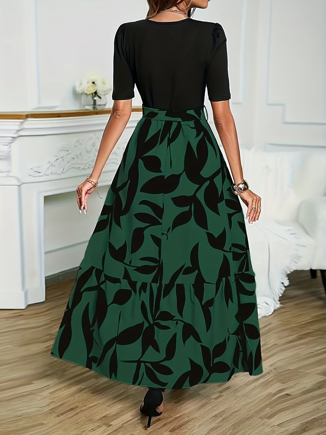 GeoBelle™ | Puff-Sleeve A-Line Geometric Midi Dress