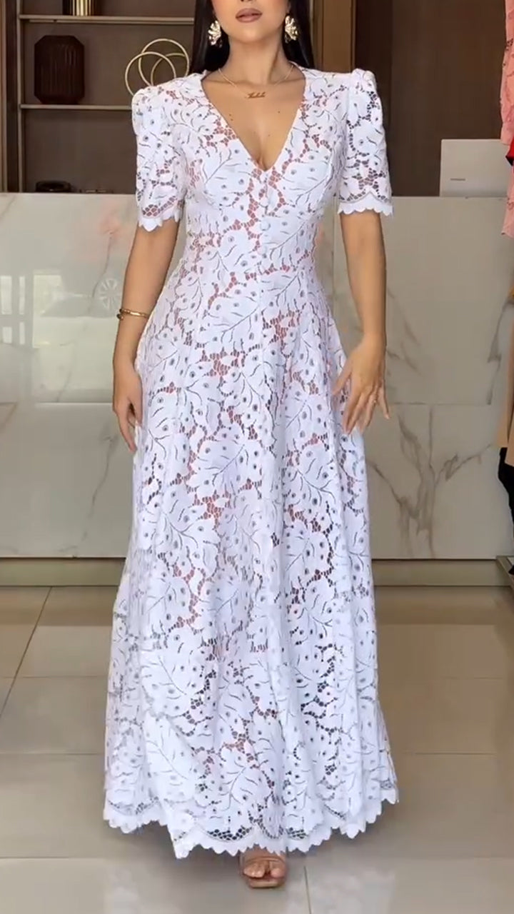 Solénna™ | Elegant V-Neck Hollow Print Dress