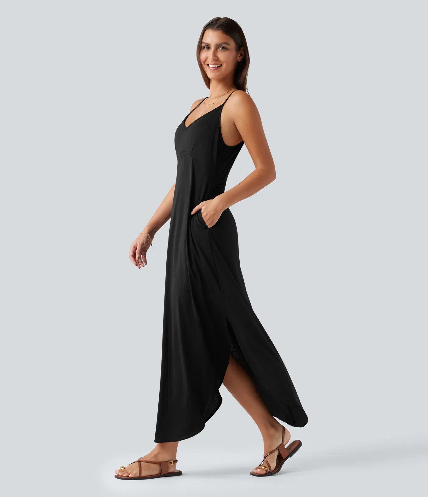 V Neck Split Hem Maxi Casual Slip Dress with Pockets