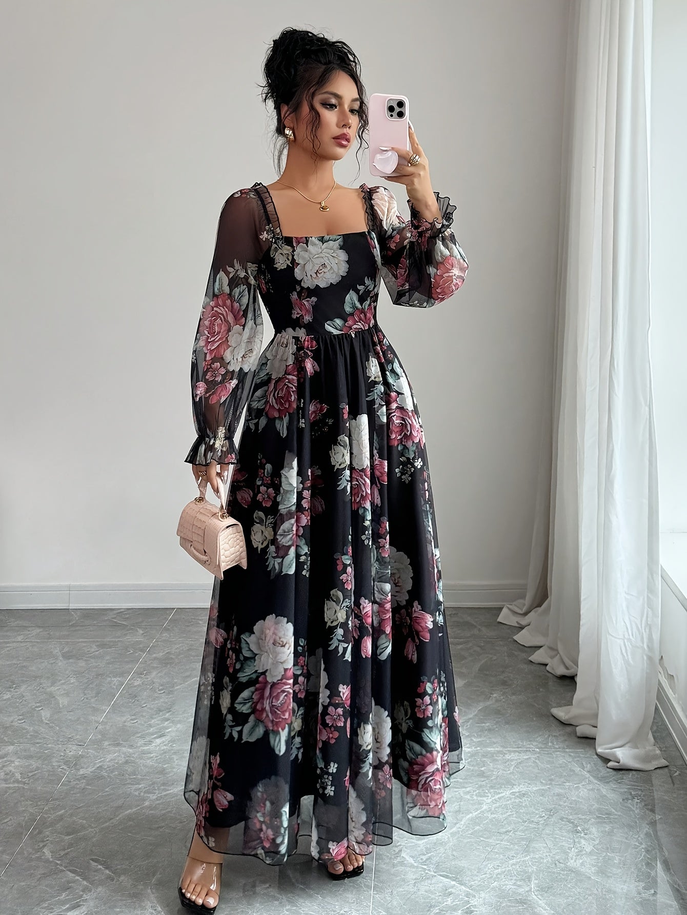 FloraNero™ | Square-Neck Puff-Sleeve Floral A-Line Dress