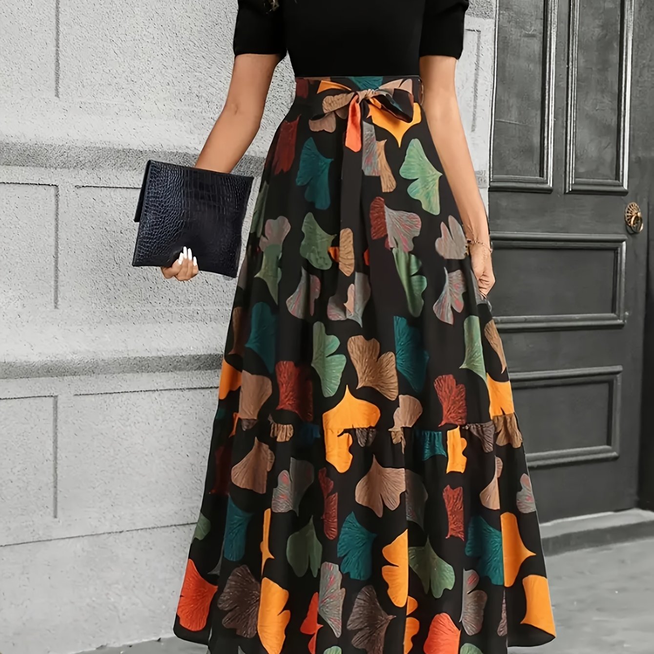 GeoBelle™ | Puff-Sleeve A-Line Geometric Midi Dress
