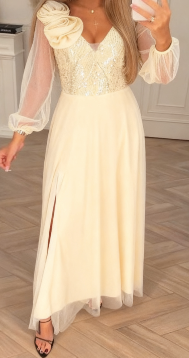 FloriSéquin™ | Lace-Sleeve Dress with Sequin & Floral Embellishments