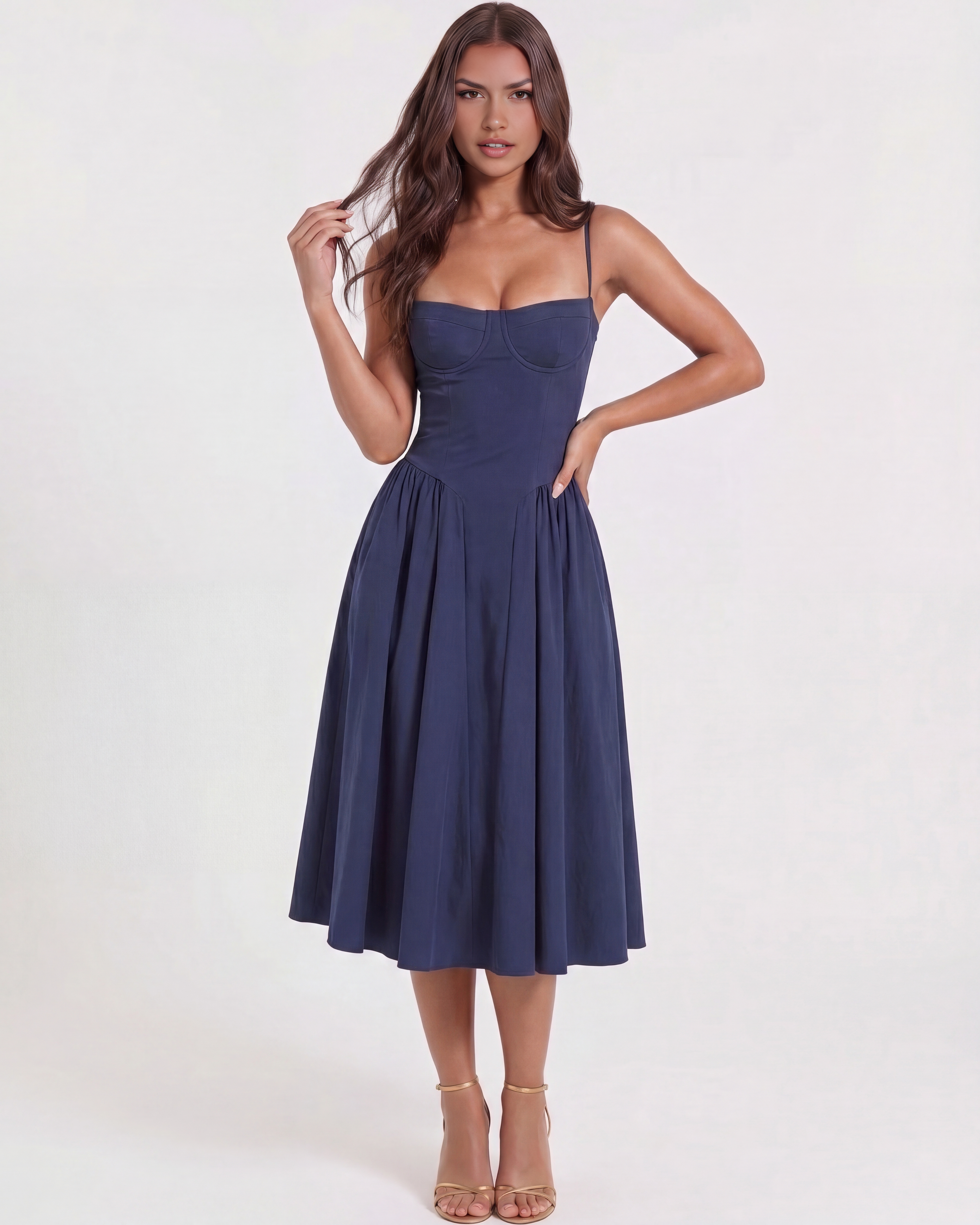 Francesca Navy Blue Midi Dress with Sweetheart Neckline and Hidden Pockets