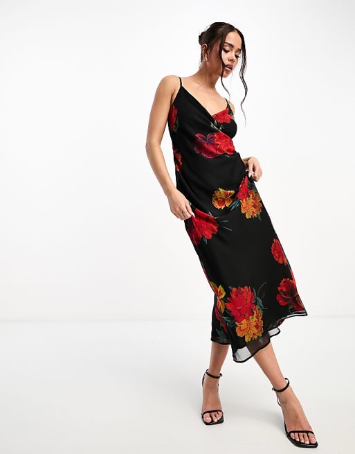 IvyRose™ | Red Floral Cowl-Neck Mid-Length Dress