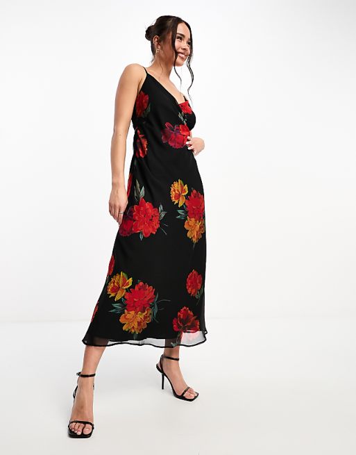 IvyRose™ | Red Floral Cowl-Neck Mid-Length Dress