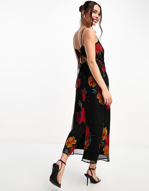 IvyRose™ | Red Floral Cowl-Neck Mid-Length Dress