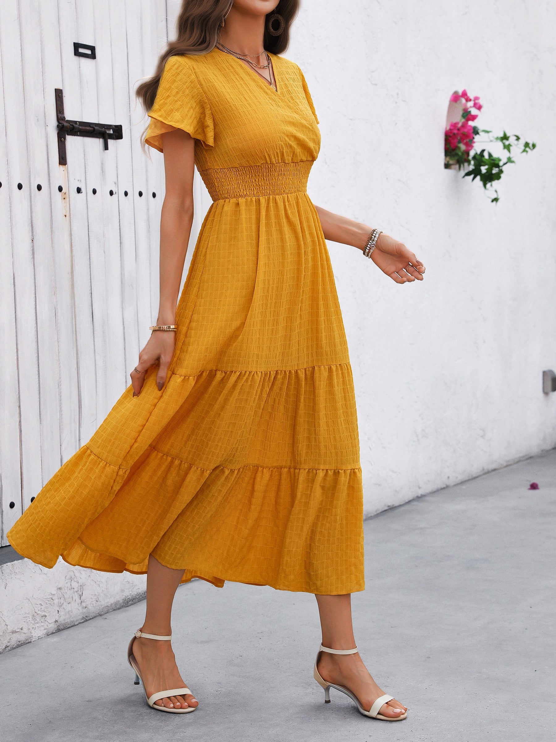 Aurefleur™ | Cross-Neck Butterfly Sleeve Layered Hem Dress