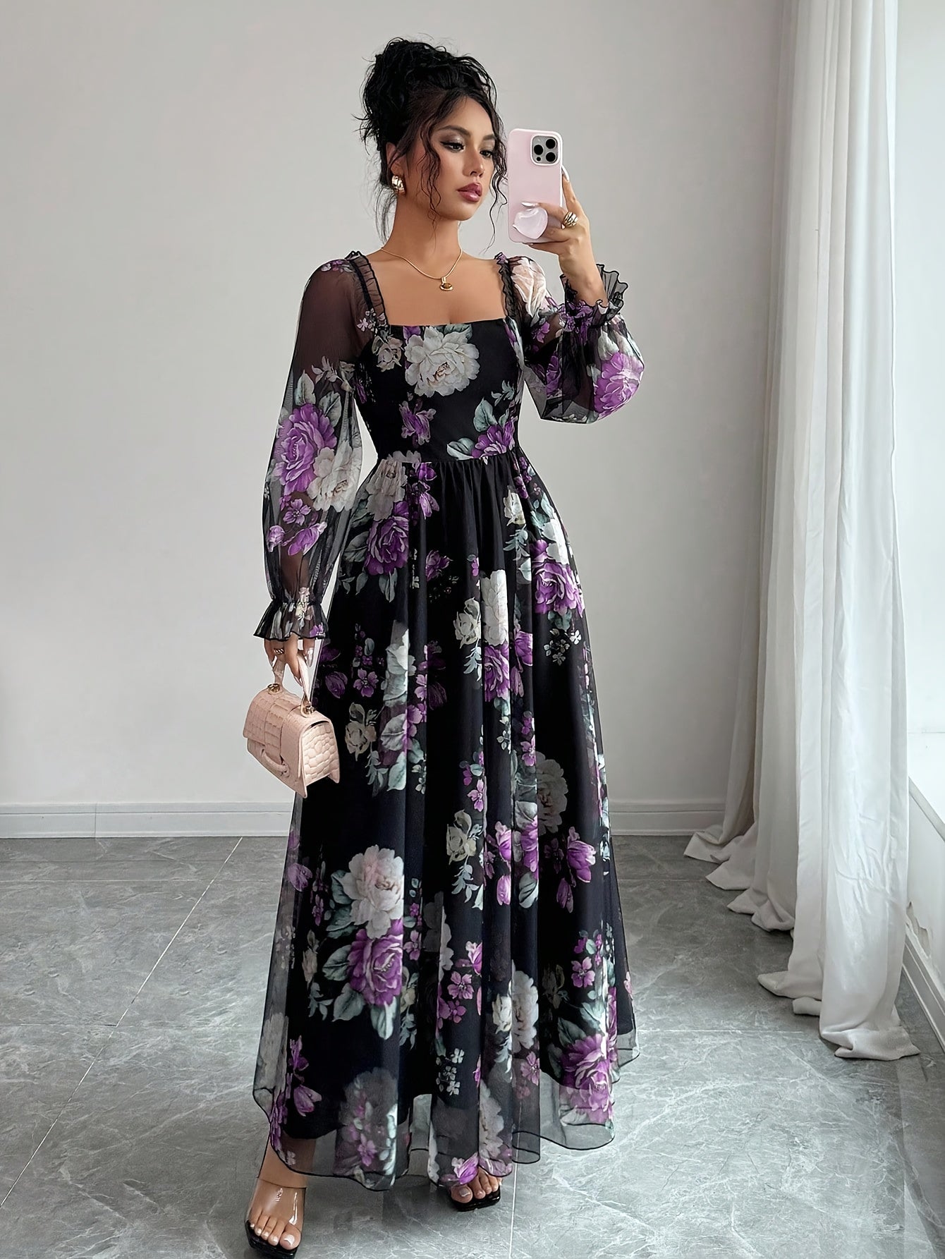 FloraNero™ | Square-Neck Puff-Sleeve Floral A-Line Dress