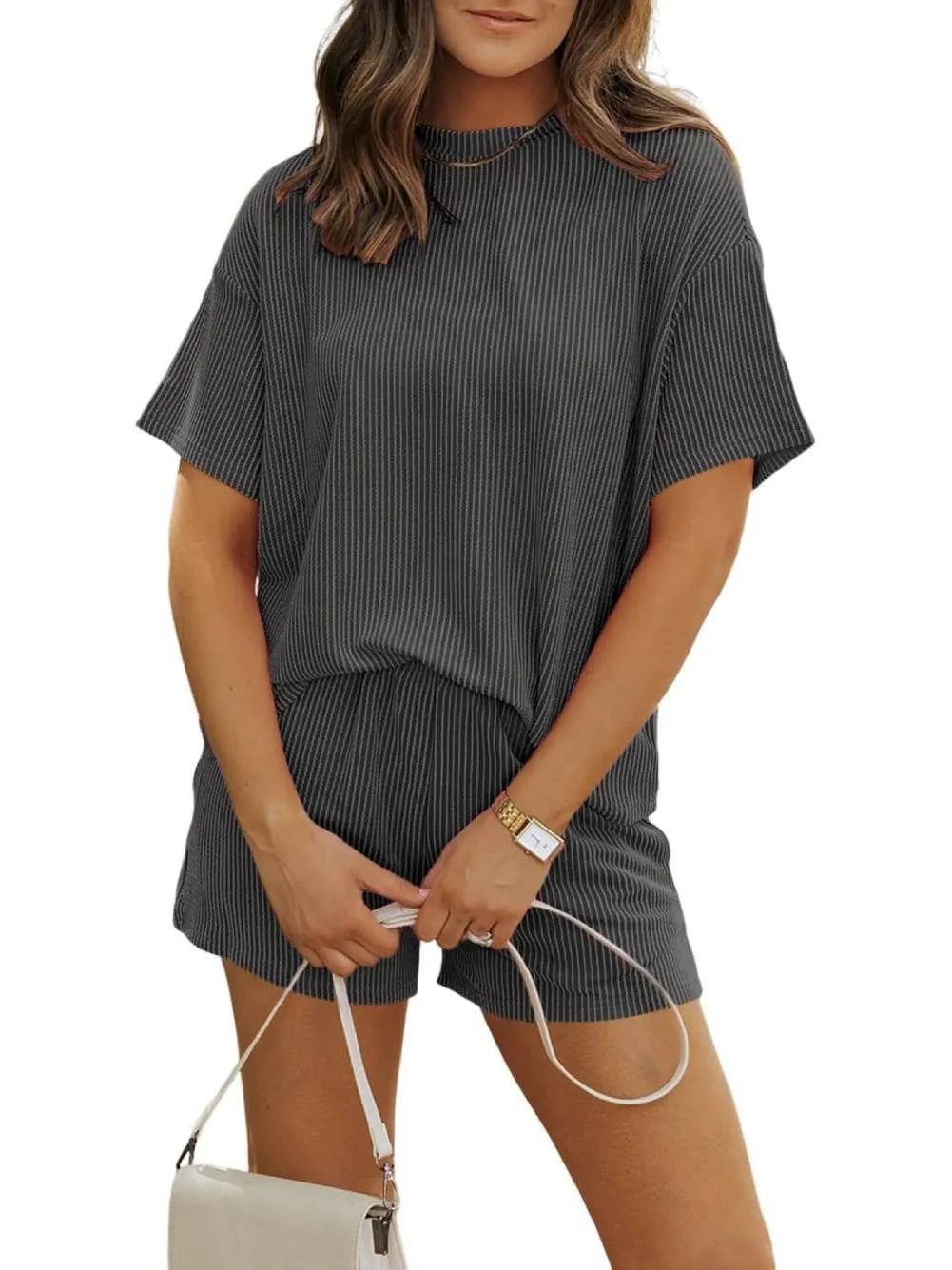 Selvianne™ | Ribbed Crew Neck Textured Shorts Set