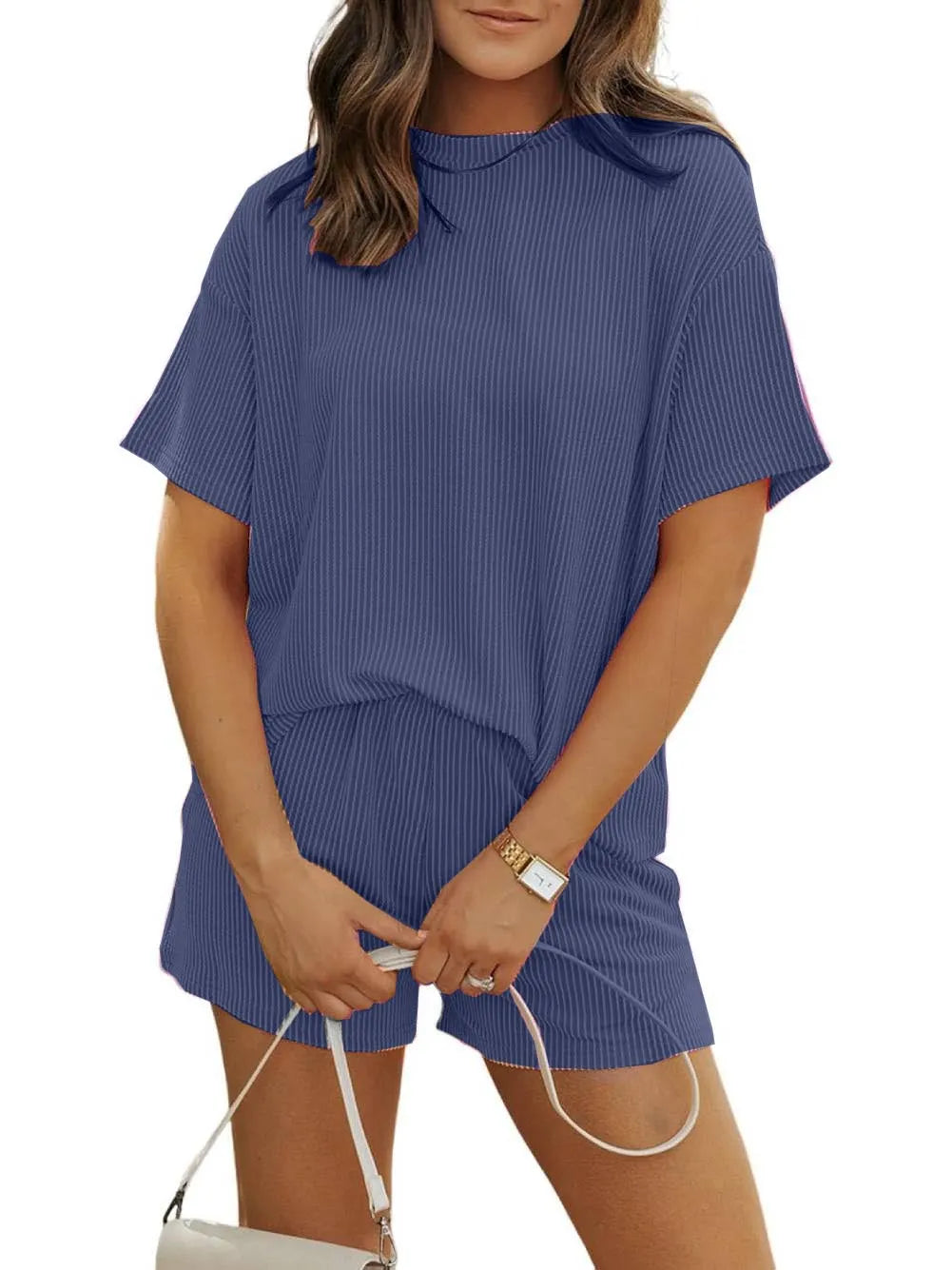 Selvianne™ | Ribbed Crew Neck Textured Shorts Set