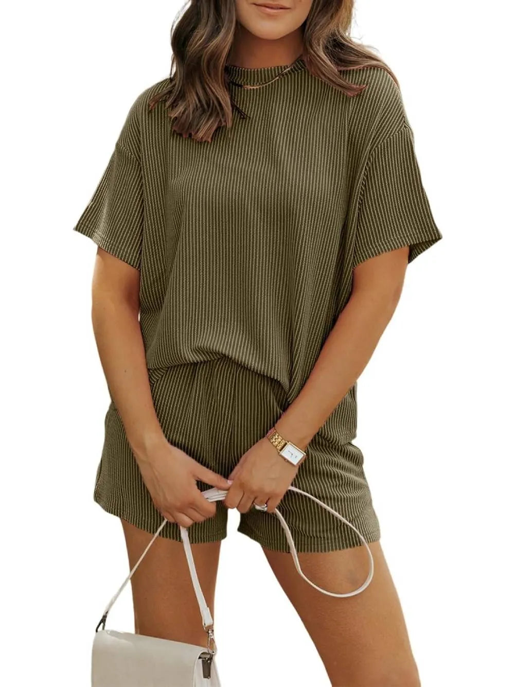 Selvianne™ | Ribbed Crew Neck Textured Shorts Set