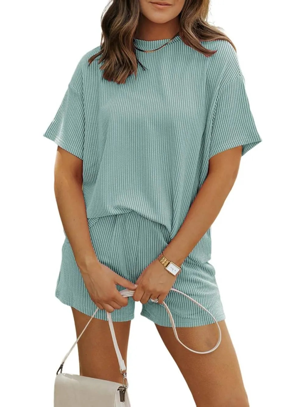 Selvianne™ | Ribbed Crew Neck Textured Shorts Set