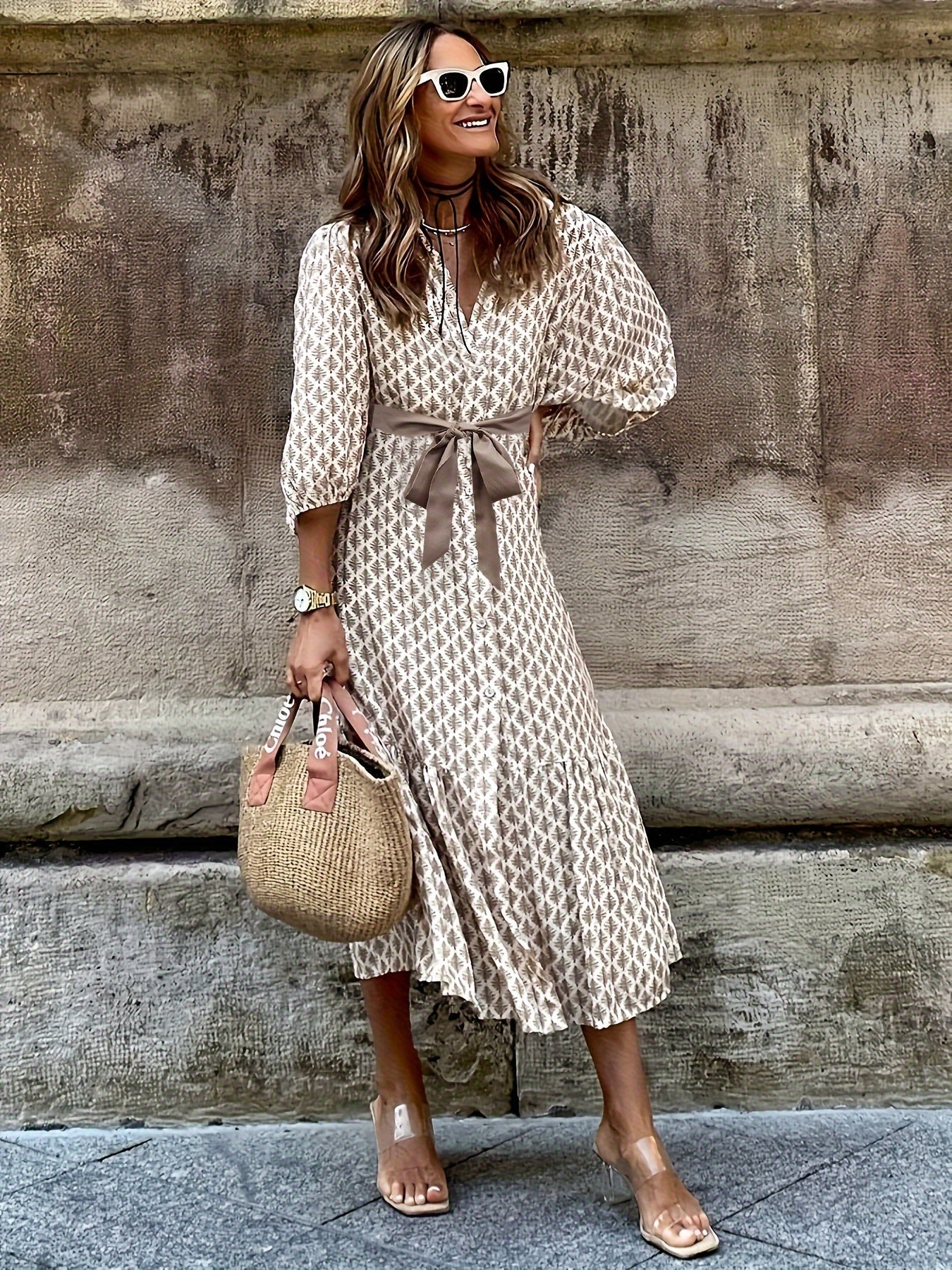 Aurevella™ | Pleated Maxi Dress with Stand Collar & Waist Tie