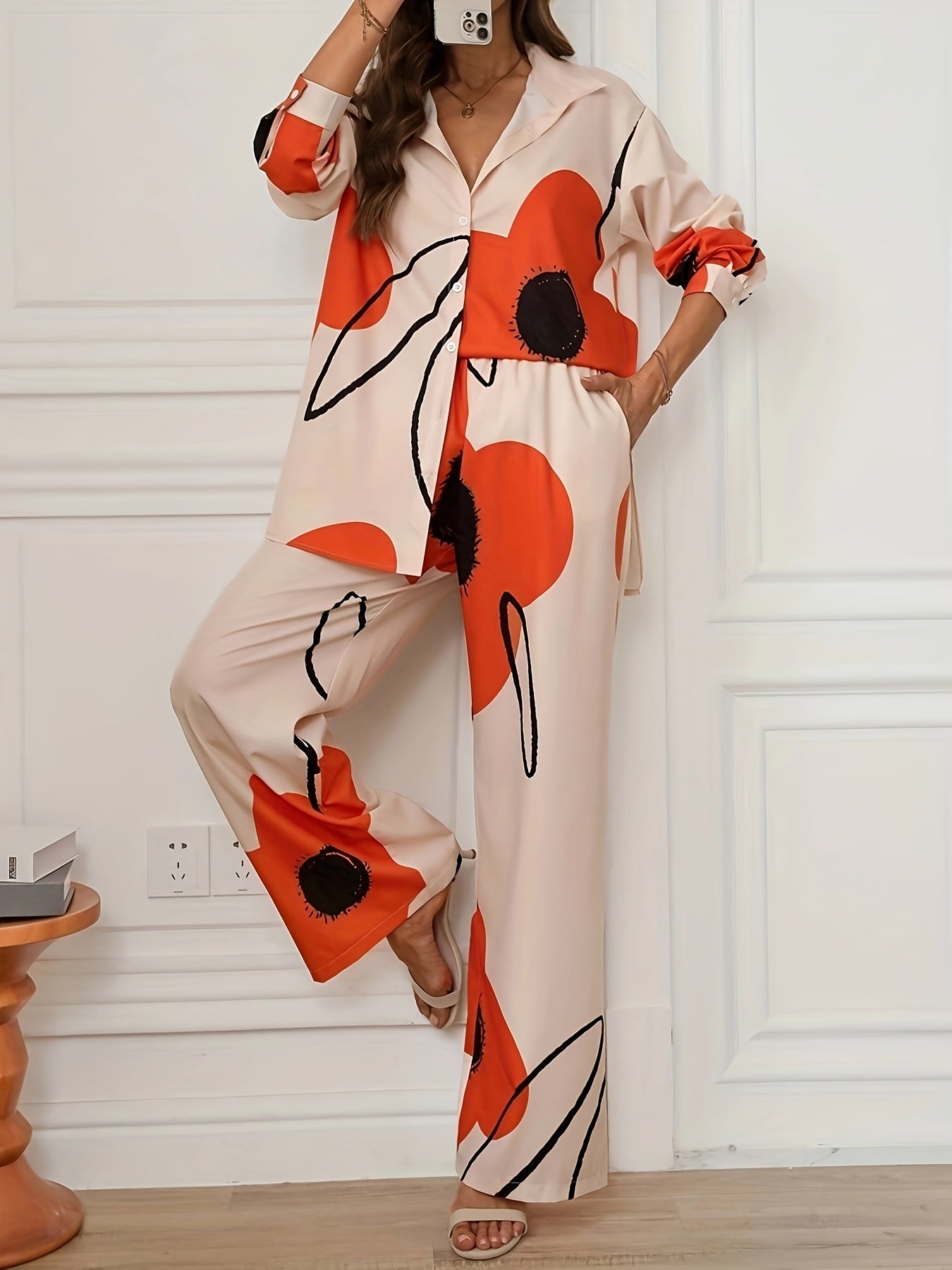 FloriLuxe™ | Floral Long-Sleeve Shirt & Wide-Leg Pants Set