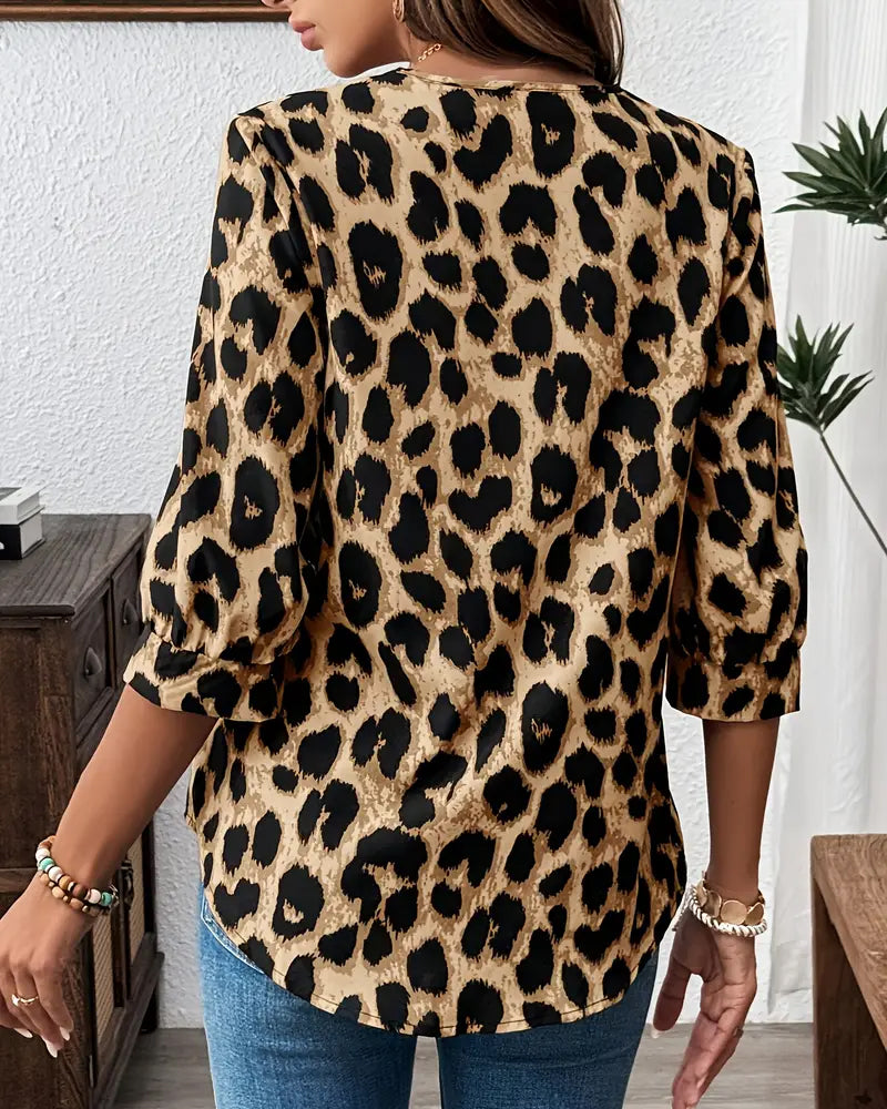 Zelvora™ | Relaxed Leopard Half-Sleeve Blouse