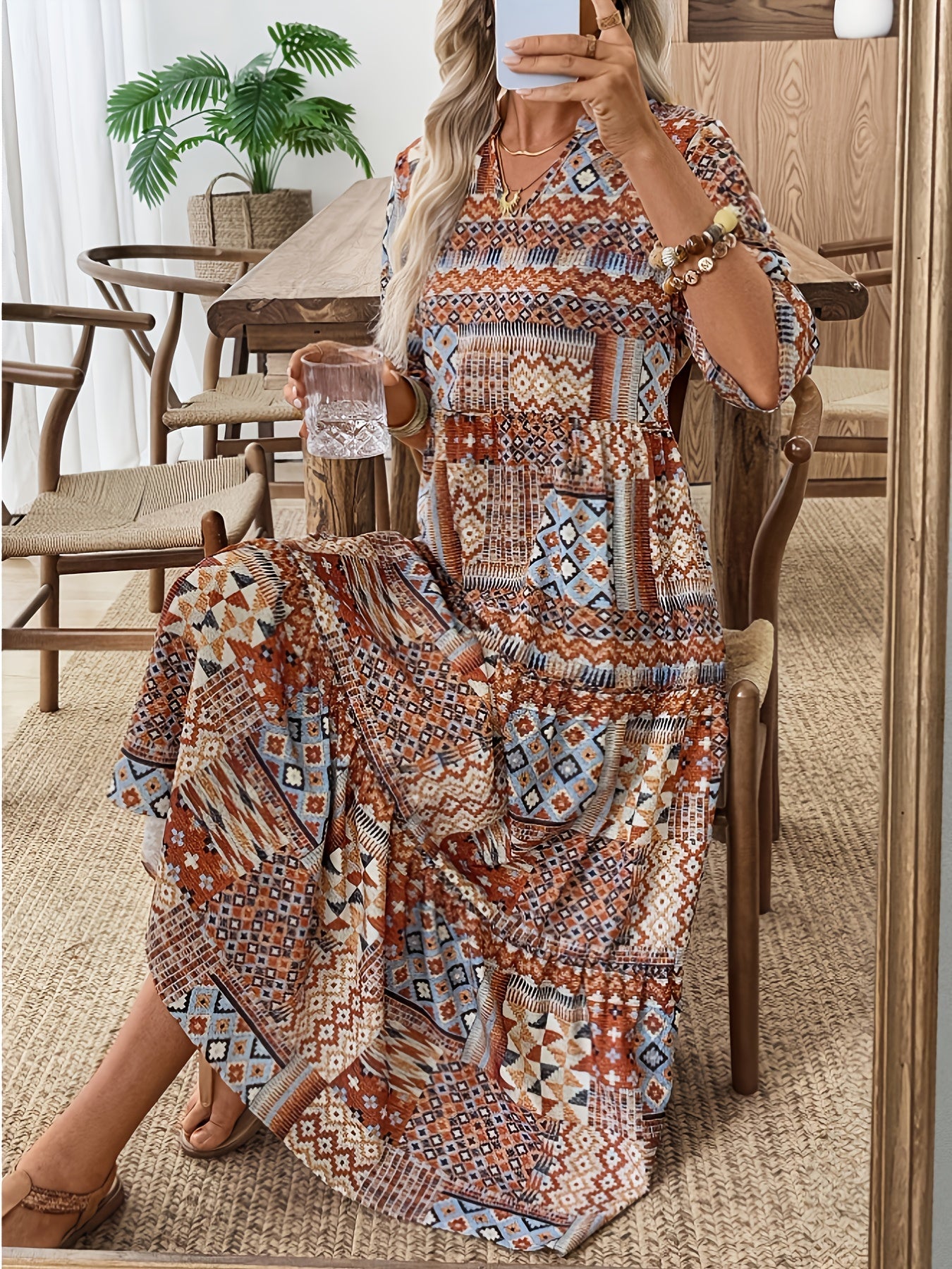 GeoBoheme™ | Long-Sleeve A-Line Maxi Dress with Geometric Print