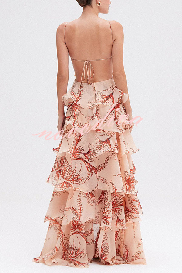 Ariae™ | Butterfly Print Ruffled Backless Tie-Up Maxi Dress