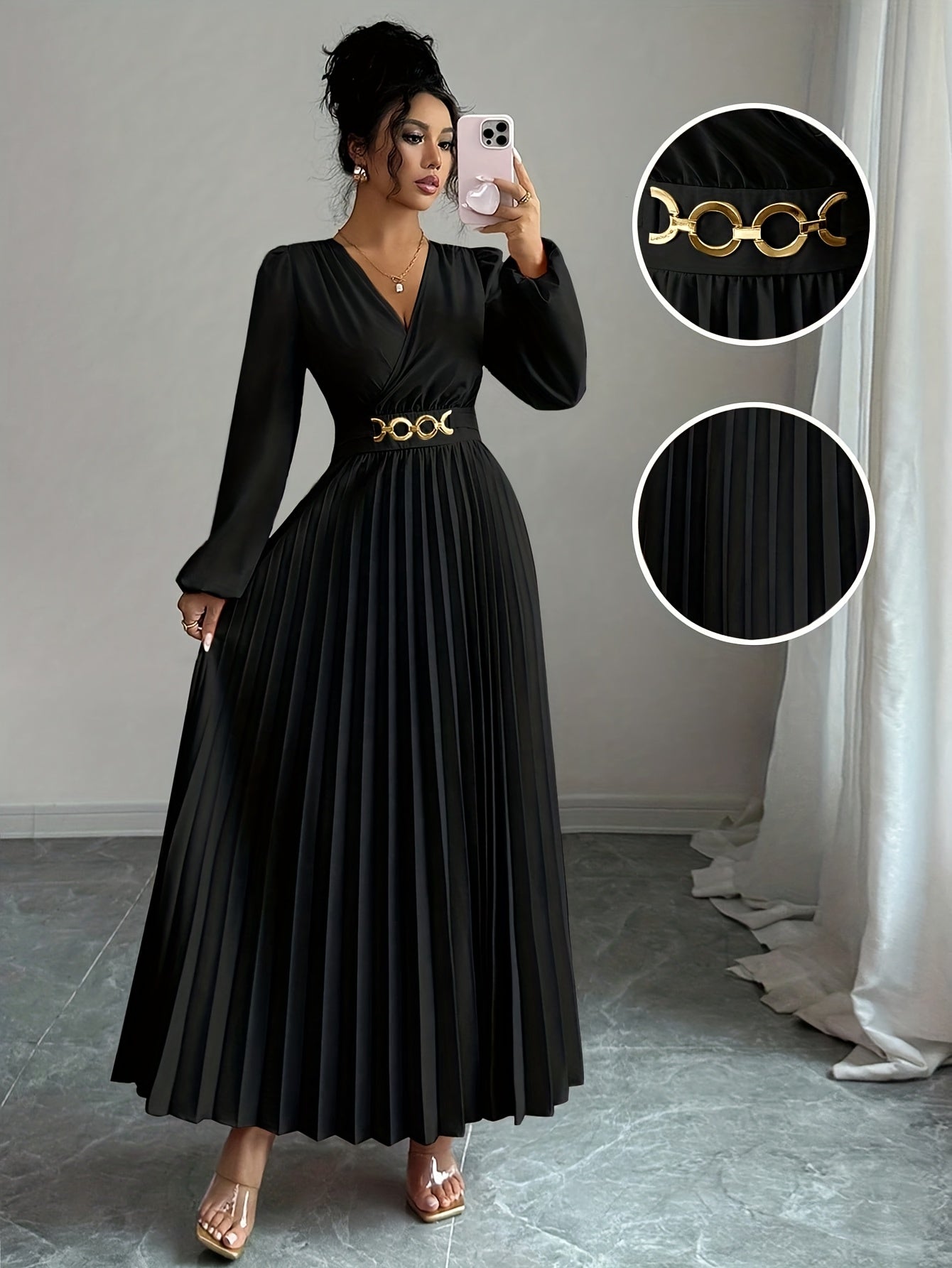 Vellamira™ | Metallic V-Neck Puff-Sleeve Evening Gown