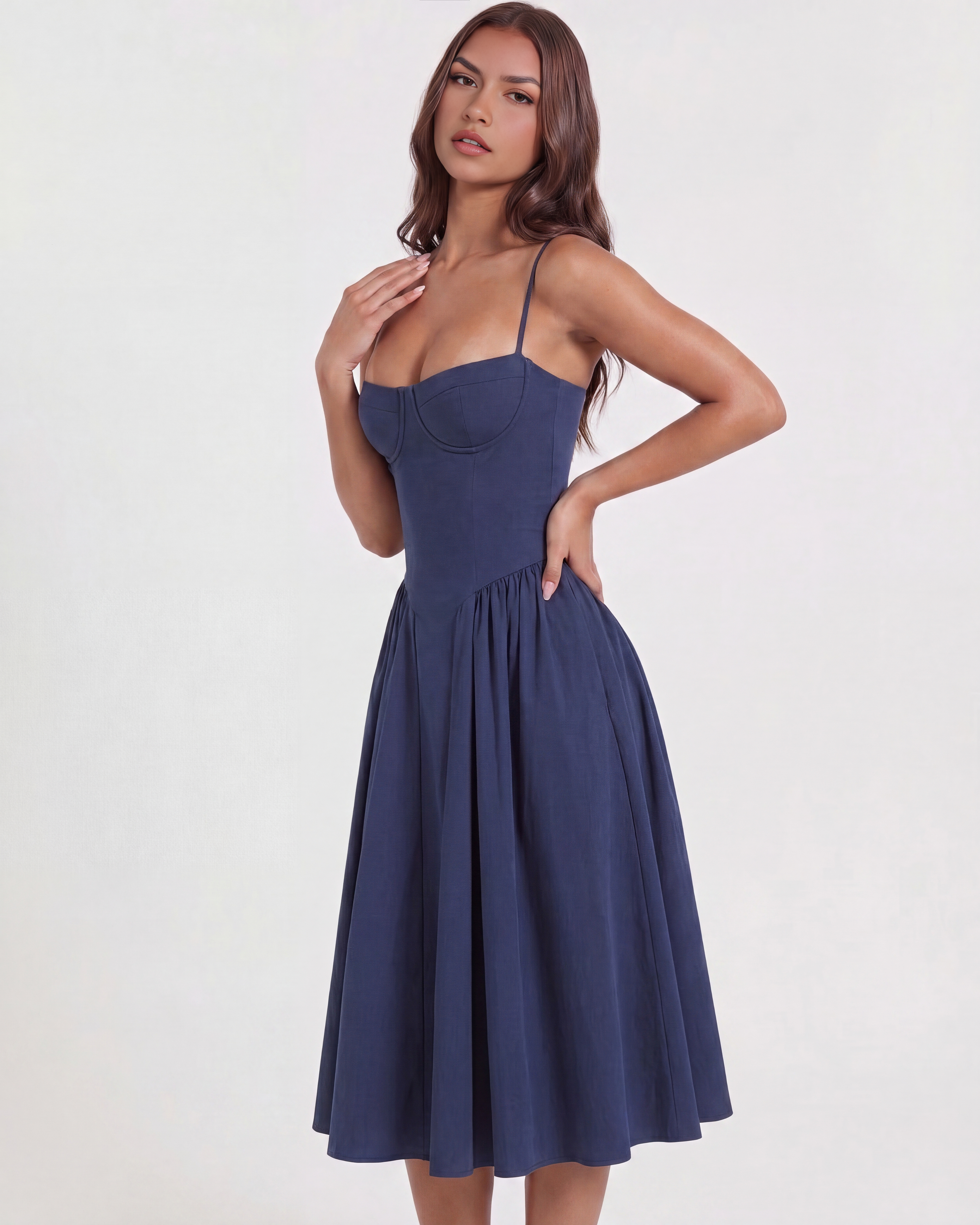 Francesca Navy Blue Midi Dress with Sweetheart Neckline and Hidden Pockets