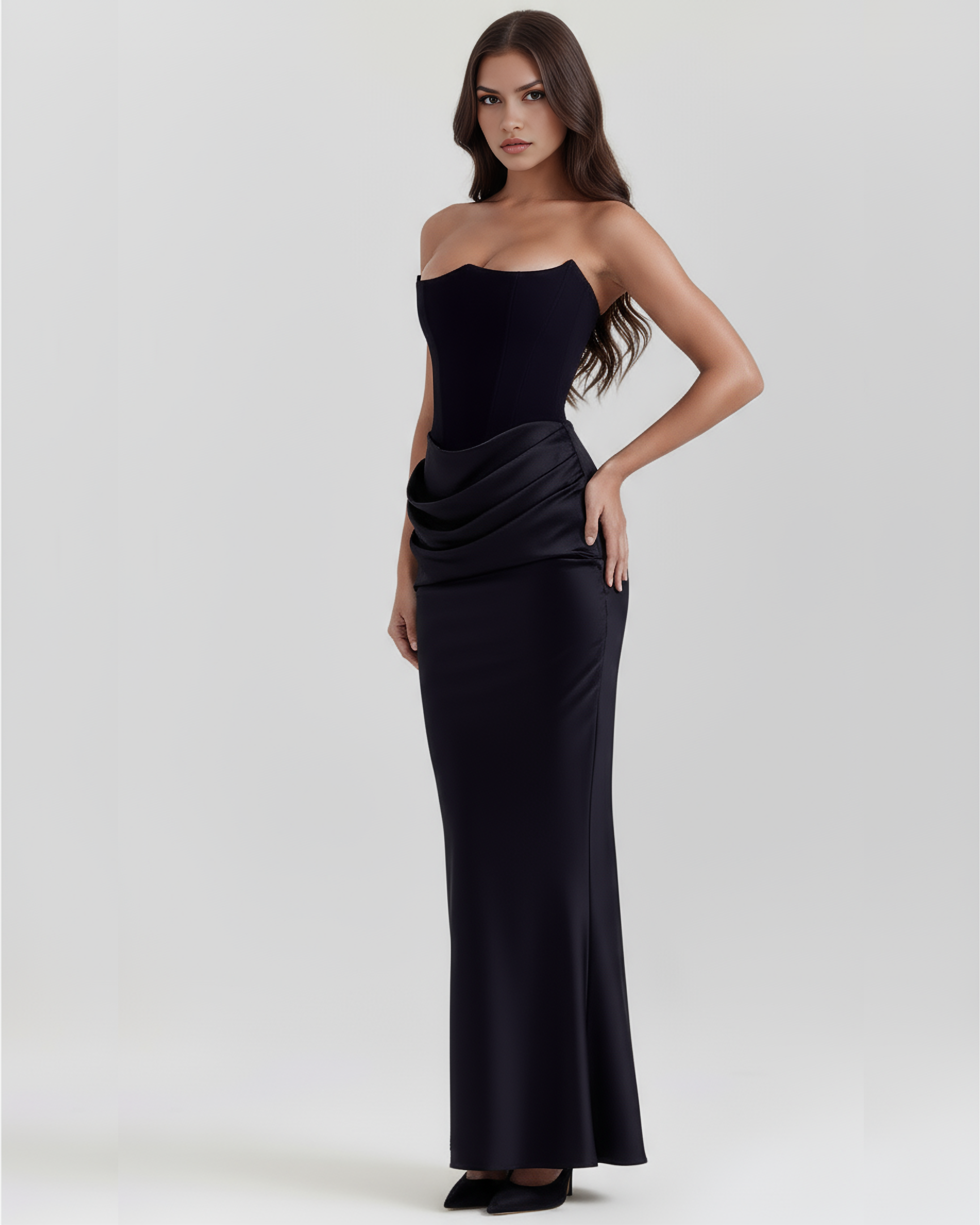 Rosalind Black Maxi Dress with Sculpted Strapless Corset