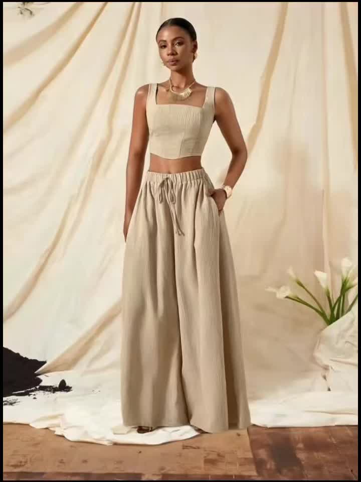 Casual Fishbone Cami Top And Wide-Leg Pants with Pockets 2pcs Set