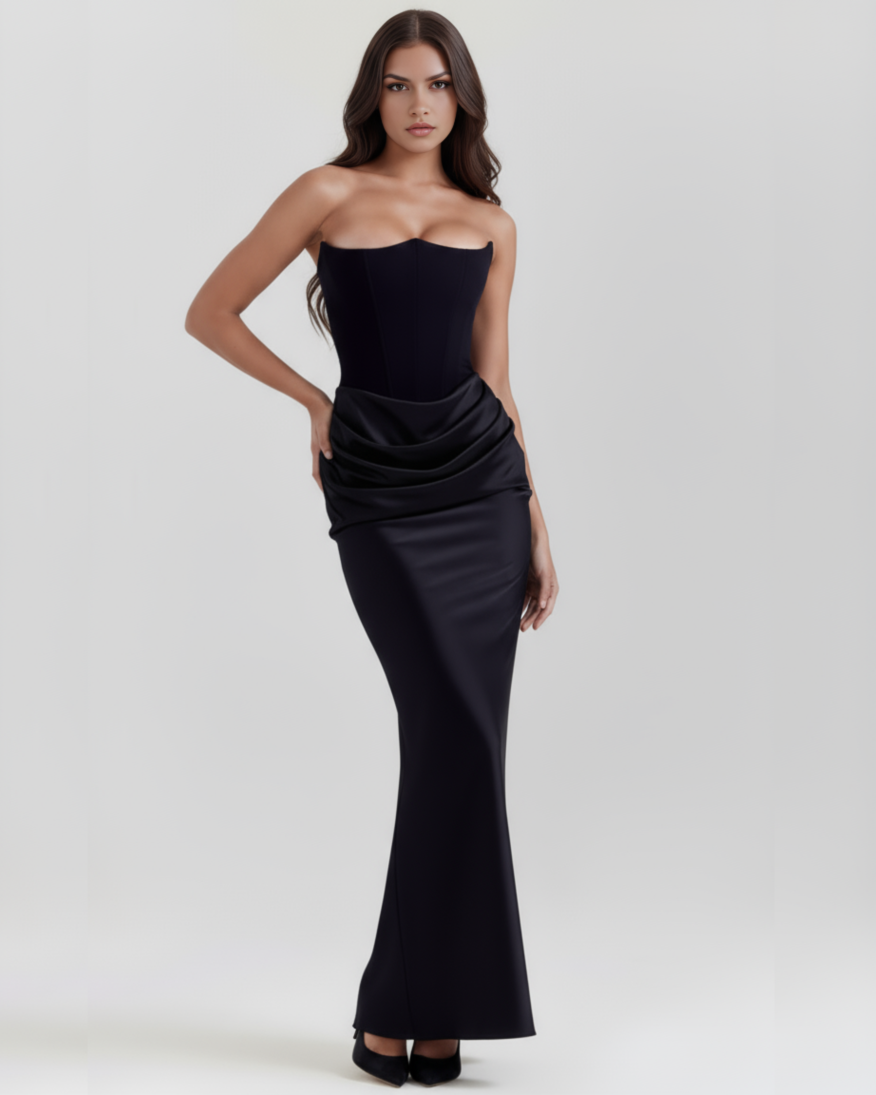 Rosalind Black Maxi Dress with Sculpted Strapless Corset